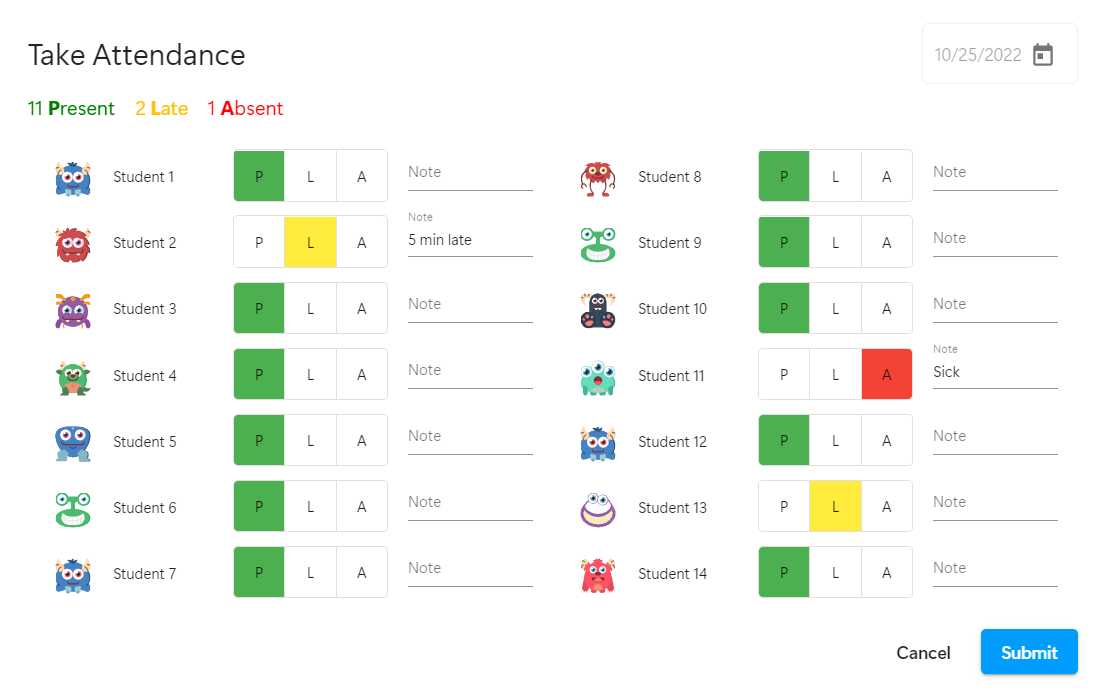 Take Attendance dialog
